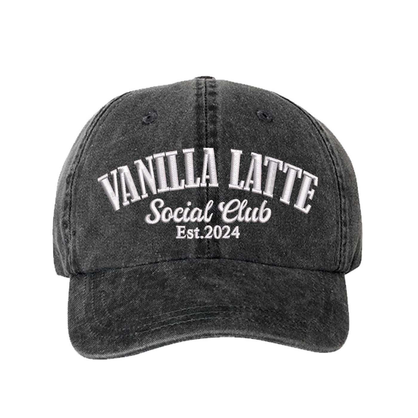 Black Vanilla Latte Social Club Est. 2024 Washed Statement Baseball Hat – a washed, relaxed-fit statement cap designed for everyday comfort and real-life moods. Trendy, adjustable, and effortlessly stylish. - DSY Lifestyle