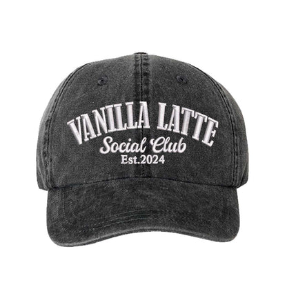 Black Vanilla Latte Social Club Est. 2024 Washed Statement Baseball Hat – a washed, relaxed-fit statement cap designed for everyday comfort and real-life moods. Trendy, adjustable, and effortlessly stylish. - DSY Lifestyle