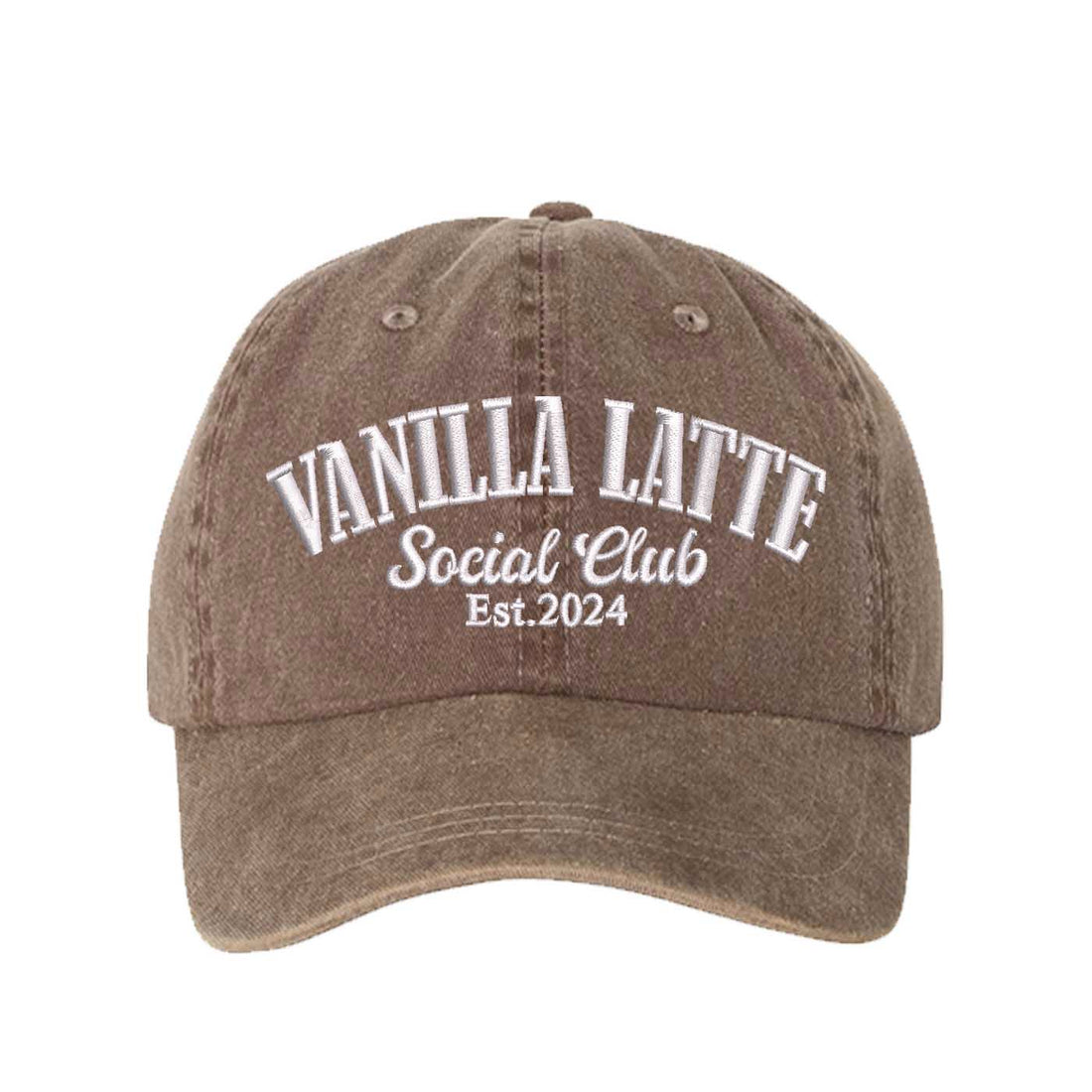 Chocolate Brown Vanilla Latte Social Club Est. 2024 Washed Statement Baseball Hat – a washed, relaxed-fit statement cap designed for everyday comfort and real-life moods. Trendy, adjustable, and effortlessly stylish. - DSY Lifestyle