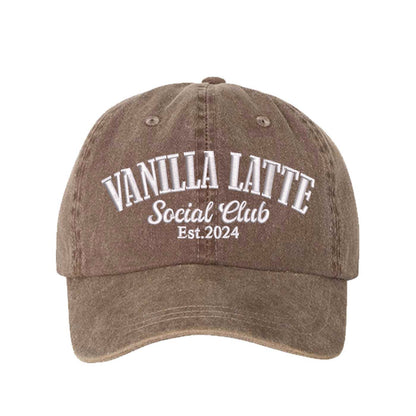 Chocolate Brown Vanilla Latte Social Club Est. 2024 Washed Statement Baseball Hat – a washed, relaxed-fit statement cap designed for everyday comfort and real-life moods. Trendy, adjustable, and effortlessly stylish. - DSY Lifestyle