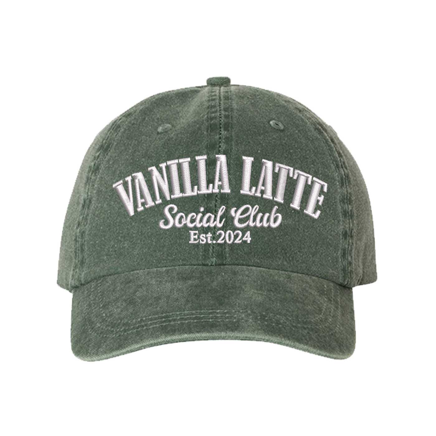 Dark Green Vanilla Latte Social Club Est. 2024 Washed Statement Baseball Hat – a washed, relaxed-fit statement cap designed for everyday comfort and real-life moods. Trendy, adjustable, and effortlessly stylish. - DSY Lifestyle