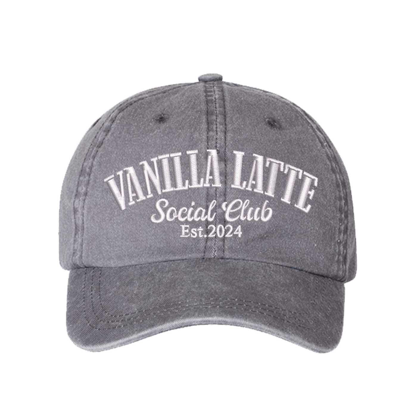 Gray Vanilla Latte Social Club Est. 2024 Washed Statement Baseball Hat – a washed, relaxed-fit statement cap designed for everyday comfort and real-life moods. Trendy, adjustable, and effortlessly stylish. - DSY Lifestyle