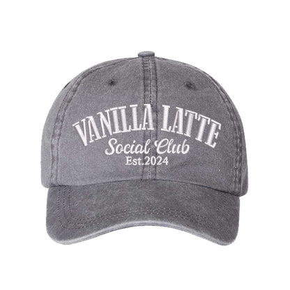 Gray Vanilla Latte Social Club Est. 2024 Washed Statement Baseball Hat – a washed, relaxed-fit statement cap designed for everyday comfort and real-life moods. Trendy, adjustable, and effortlessly stylish. - DSY Lifestyle