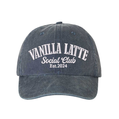 Navy Blue Vanilla Latte Social Club Est. 2024 Washed Statement Baseball Hat – a washed, relaxed-fit statement cap designed for everyday comfort and real-life moods. Trendy, adjustable, and effortlessly stylish. - DSY Lifestyle