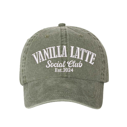 Olive Green Vanilla Latte Social Club Est. 2024 Washed Statement Baseball Hat – a washed, relaxed-fit statement cap designed for everyday comfort and real-life moods. Trendy, adjustable, and effortlessly stylish. - DSY Lifestyle