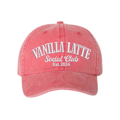 Red Vanilla Latte Social Club Est. 2024 Washed Statement Baseball Hat – a washed, relaxed-fit statement cap designed for everyday comfort and real-life moods. Trendy, adjustable, and effortlessly stylish. - DSY Lifestyle