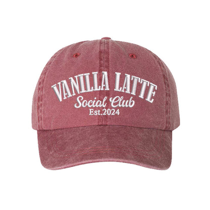Wine Vanilla Latte Social Club Est. 2024 Washed Statement Baseball Hat – a washed, relaxed-fit statement cap designed for everyday comfort and real-life moods. Trendy, adjustable, and effortlessly stylish. - DSY Lifestyle