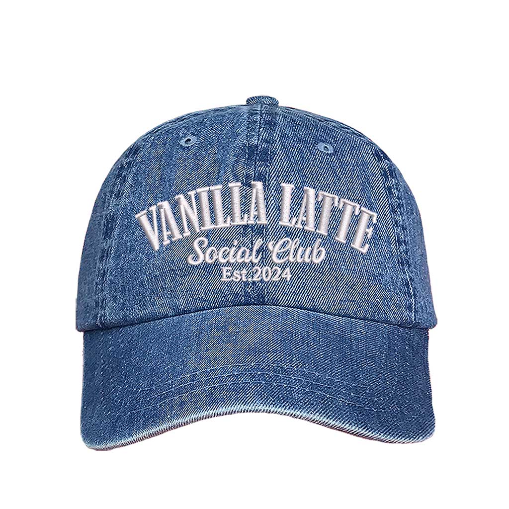 Light Denim Vanilla Latte Social Club Est. 2024 embroidered baseball hat in a premium  colorway by DSY Lifestyle 