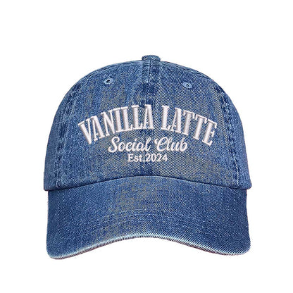 Light Denim Vanilla Latte Social Club Est. 2024 embroidered baseball hat in a premium  colorway by DSY Lifestyle 