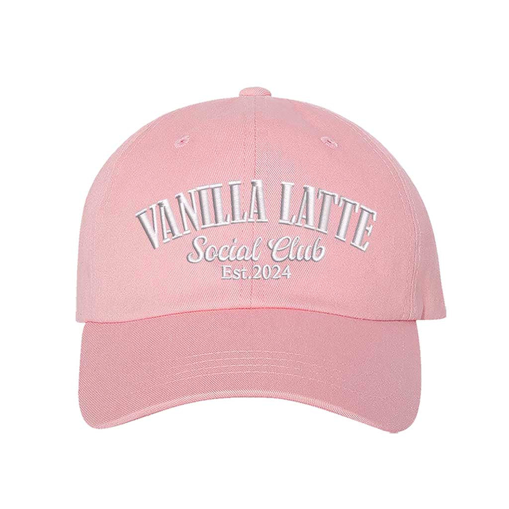 Light Pink Vanilla Latte Social Club Est. 2024 embroidered baseball hat in a premium  colorway by DSY Lifestyle 