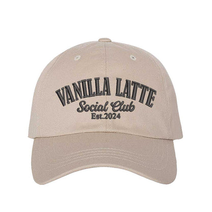 Stone Vanilla Latte Social Club Est. 2024 embroidered baseball hat in a premium  colorway by DSY Lifestyle 