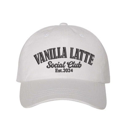 White Vanilla Latte Social Club Est. 2024 embroidered baseball hat in a premium  colorway by DSY Lifestyle 