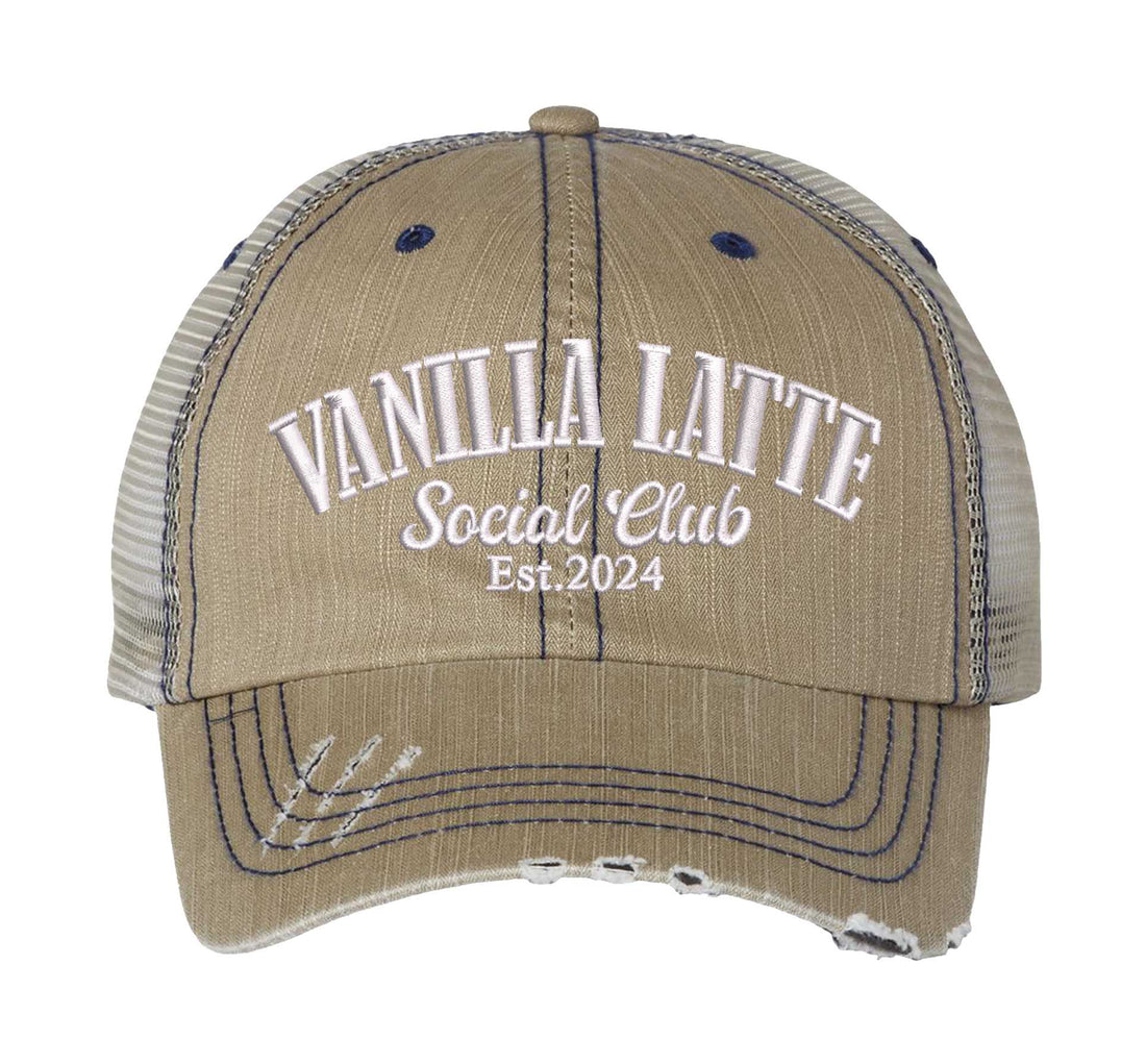 Khaki Vanilla Latte Social Club embroidered distressed trucker hat for women. Cozy statement hat for everyday outfits, coffee runs, and street style. - DSY Lifestyle