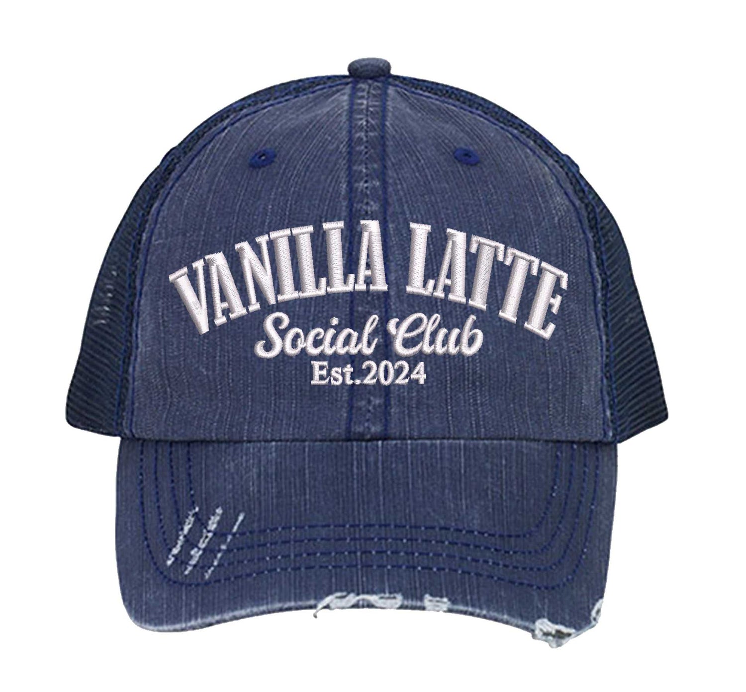 Navy Blue Vanilla Latte Social Club embroidered distressed trucker hat for women. Cozy statement hat for everyday outfits, coffee runs, and street style. - DSY Lifestyle