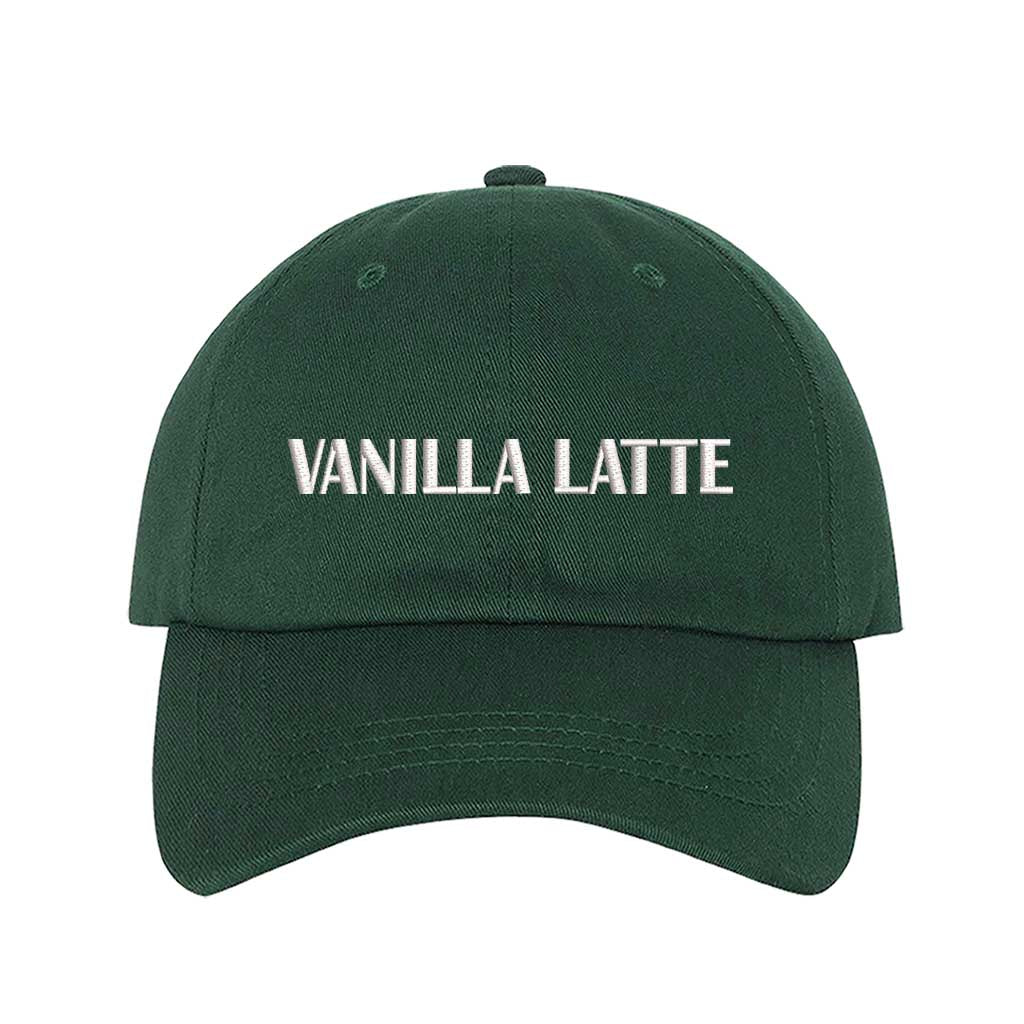 Forest Green Vanilla Latte embroidered baseball hat in a soft neutral cotton with high-density white  stitching by DSY Lifestyle.