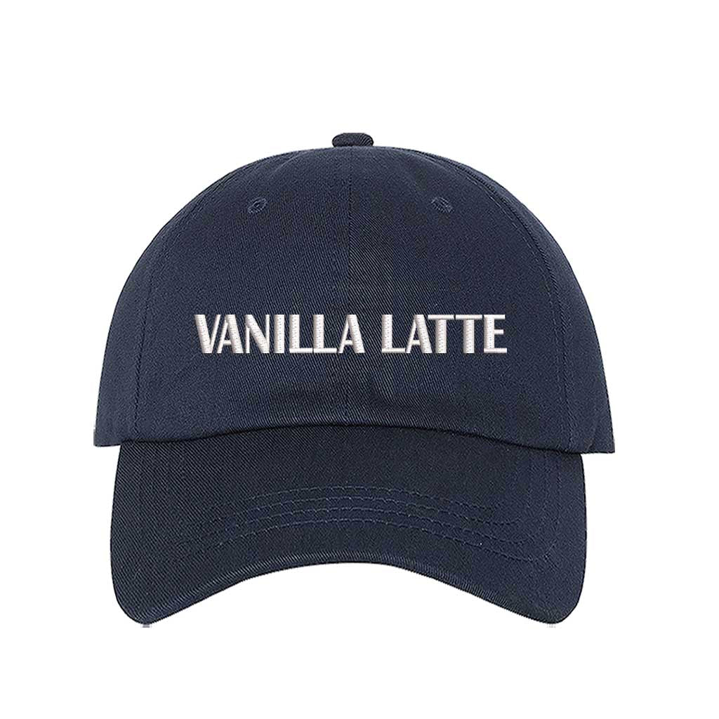 Navy Blue Vanilla Latte embroidered baseball hat in a soft neutral cotton with high-density white  stitching by DSY Lifestyle.