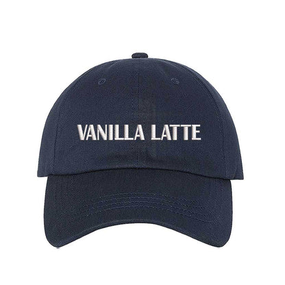Navy Blue Vanilla Latte embroidered baseball hat in a soft neutral cotton with high-density white  stitching by DSY Lifestyle.