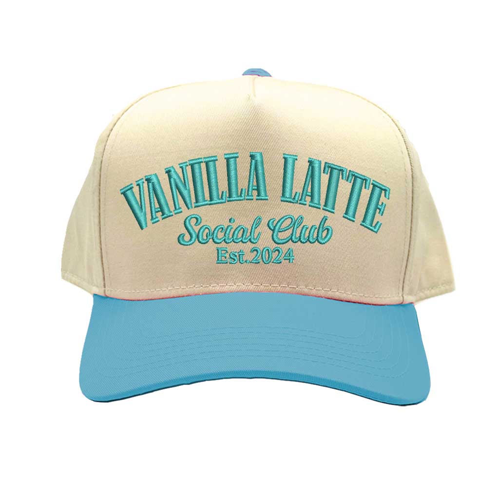 Natural Aqua Vanilla Latte Social Club Est. 2024 two-tone baseball hat with a contrast brim and high-density cream embroidery by DSY Lifestyle 