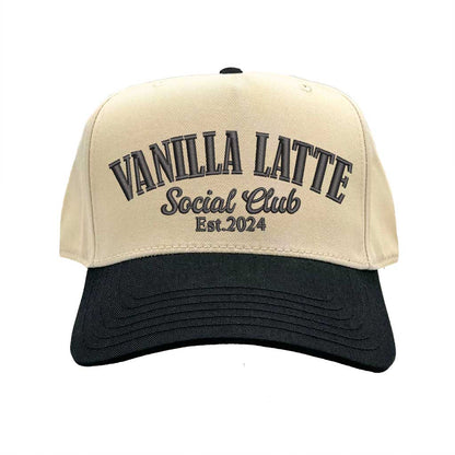 Natural Black Vanilla Latte Social Club Est. 2024 two-tone baseball hat with a contrast brim and high-density cream embroidery by DSY Lifestyle 