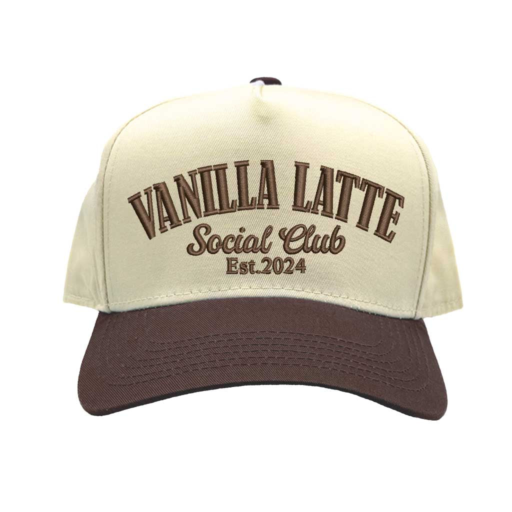 Natural Brown Vanilla Latte Social Club Est. 2024 two-tone baseball hat with a contrast brim and high-density cream embroidery by DSY Lifestyle 