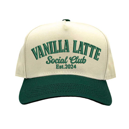 Natural Forest Green Vanilla Latte Social Club Est. 2024 two-tone baseball hat with a contrast brim and high-density cream embroidery by DSY Lifestyle 