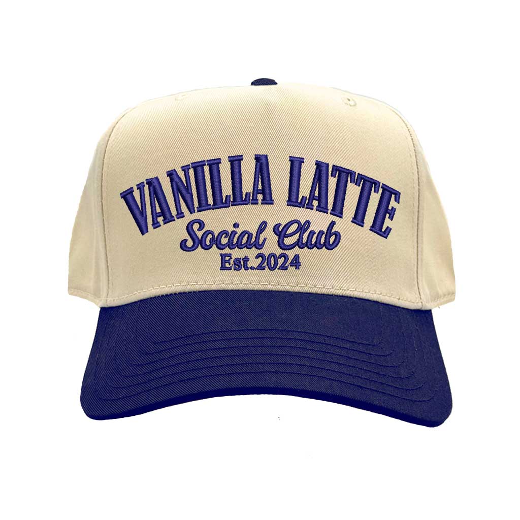 Natural Navy Blue Vanilla Latte Social Club Est. 2024 two-tone baseball hat with a contrast brim and high-density cream embroidery by DSY Lifestyle 