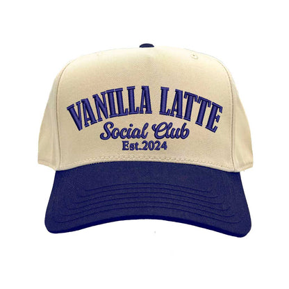 Natural Navy Blue Vanilla Latte Social Club Est. 2024 two-tone baseball hat with a contrast brim and high-density cream embroidery by DSY Lifestyle 