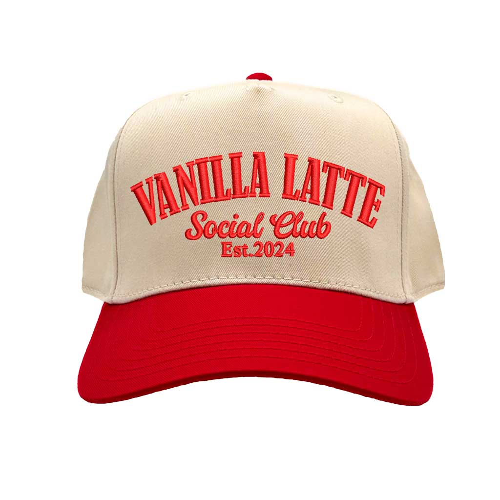 Natural Red Vanilla Latte Social Club Est. 2024 two-tone baseball hat with a contrast brim and high-density cream embroidery by DSY Lifestyle 