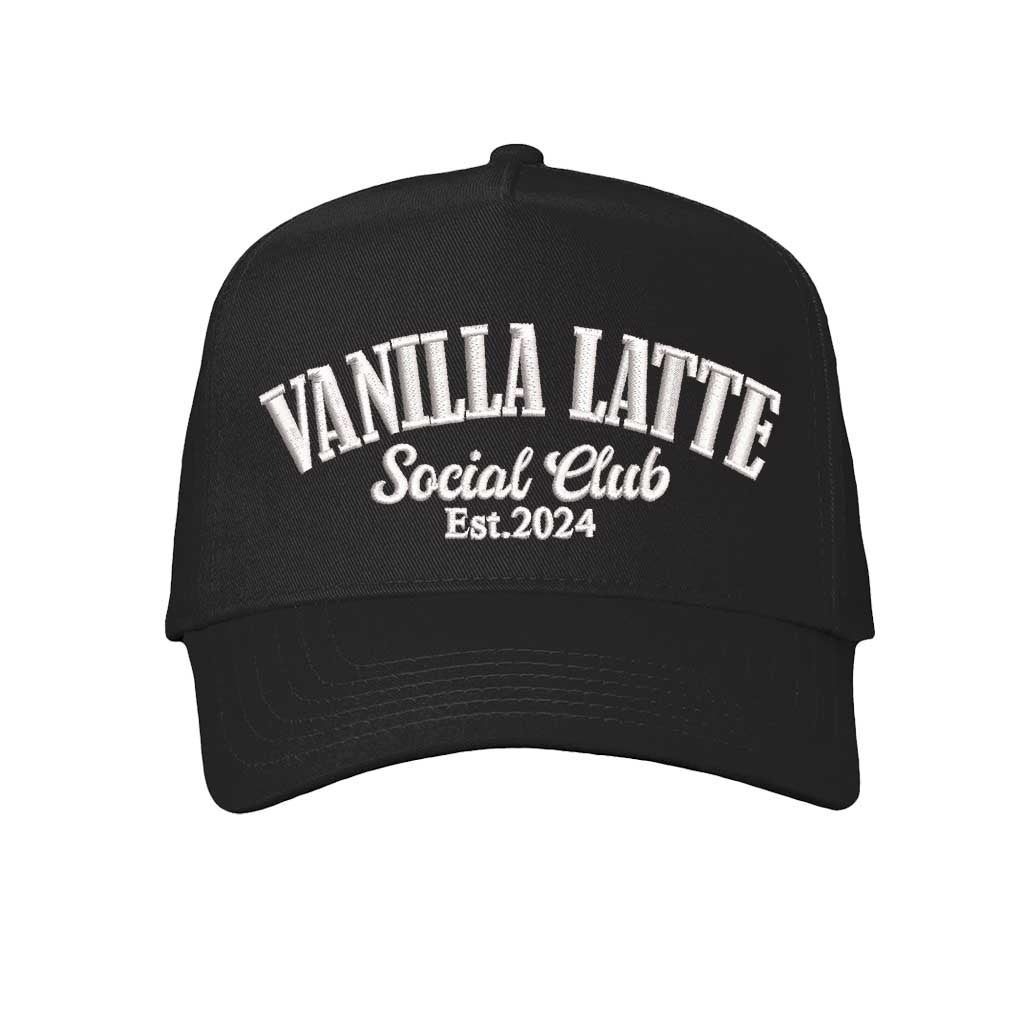 Solid Black Vanilla Latte Social Club Est. 2024 5-panel baseball hat with a contrast brim and high-density cream embroidery by DSY Lifestyle 