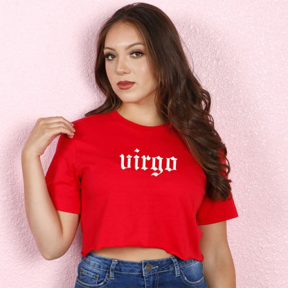 Female wearing a red crop top embroidered with Virgo - DSY Lifestyle