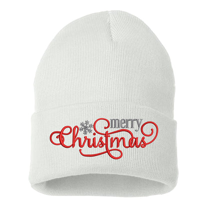 White Merry Christmas Snowflakes Embroidered Beanie Cap featuring festive embroidered snowflakes and warm winter knit design – DSY Lifestyle