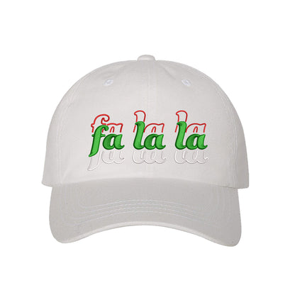 White Fa La La Christmas Stacked Embroidered Baseball Hat with festive embroidery and adjustable fit, perfect for holiday style and Christmas cheer – DSY Lifestyle.