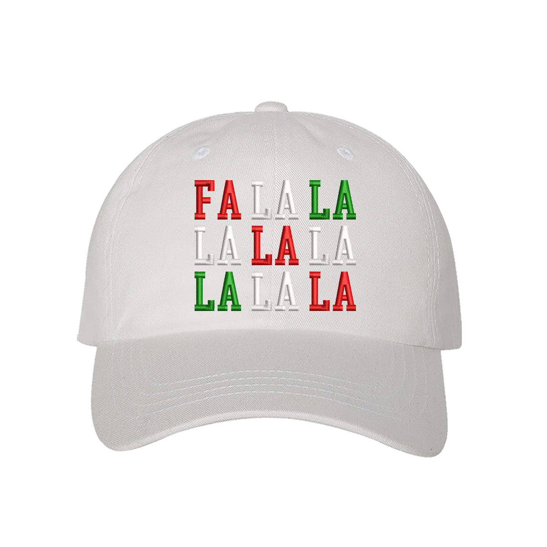 White Fa La La Christmas Block Embroidered Baseball Hat featuring festive block embroidery, breathable cotton, and adjustable fit for a merry holiday look. – DSY Lifestyle