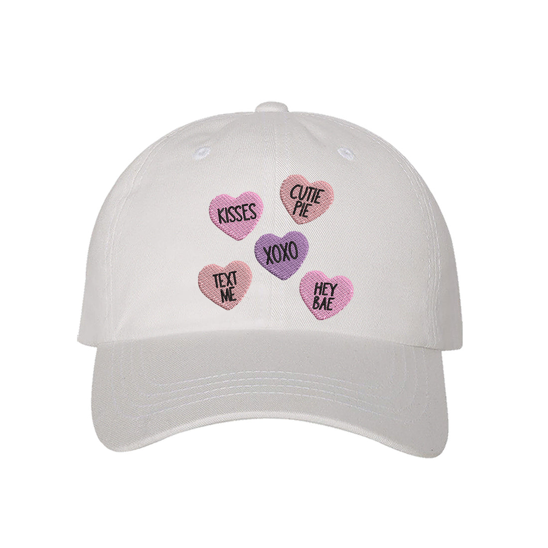 White Conversation Hearts Baseball Hat featuring colorful, nostalgic candy heart embroidery on a classic dad hat; part of the DSY Lifestyle Valentine&