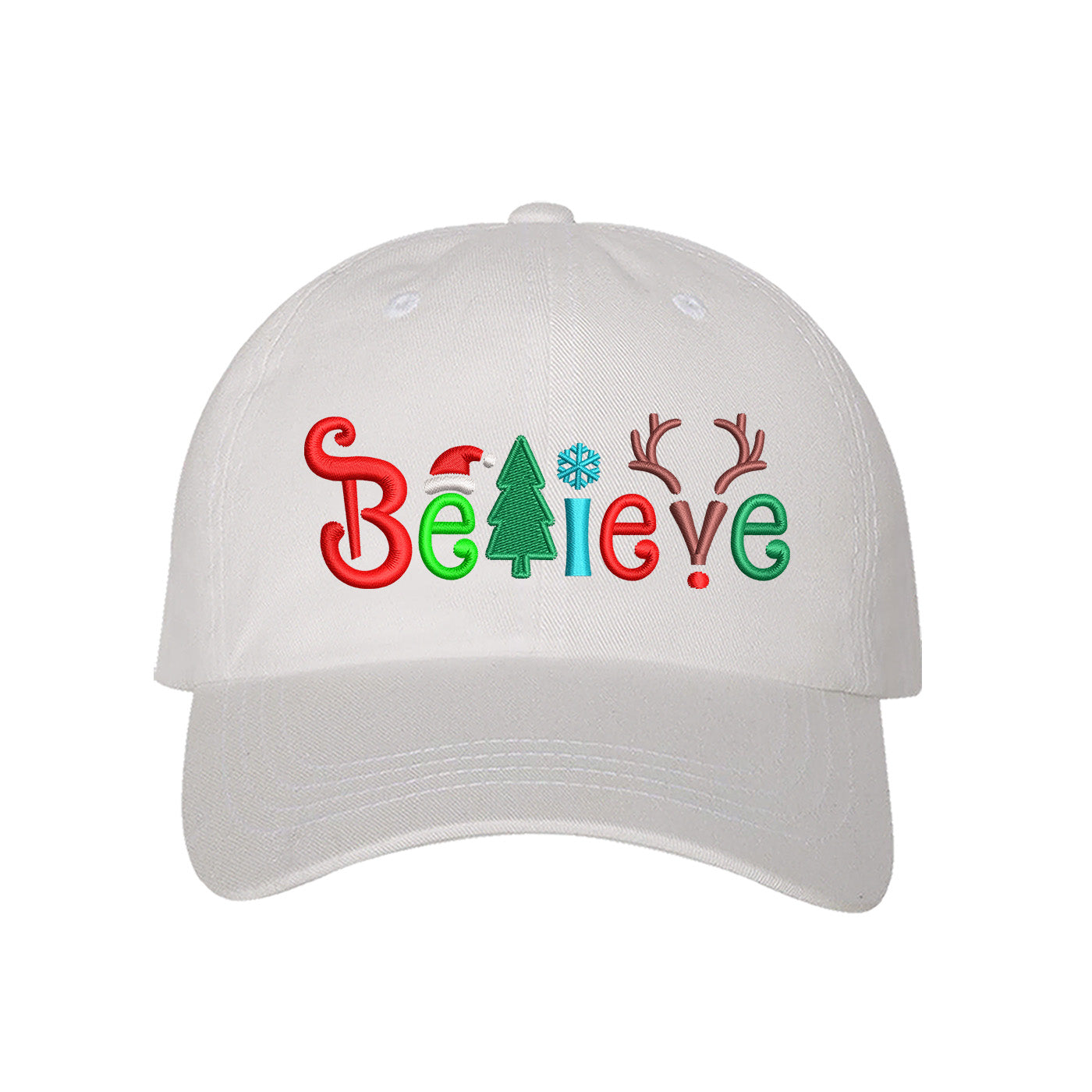 White Believe Christmas Embroidered Baseball Hat with festive holiday stitching, curved brim, and adjustable hook-and-loop closure – DSY Lifestyle