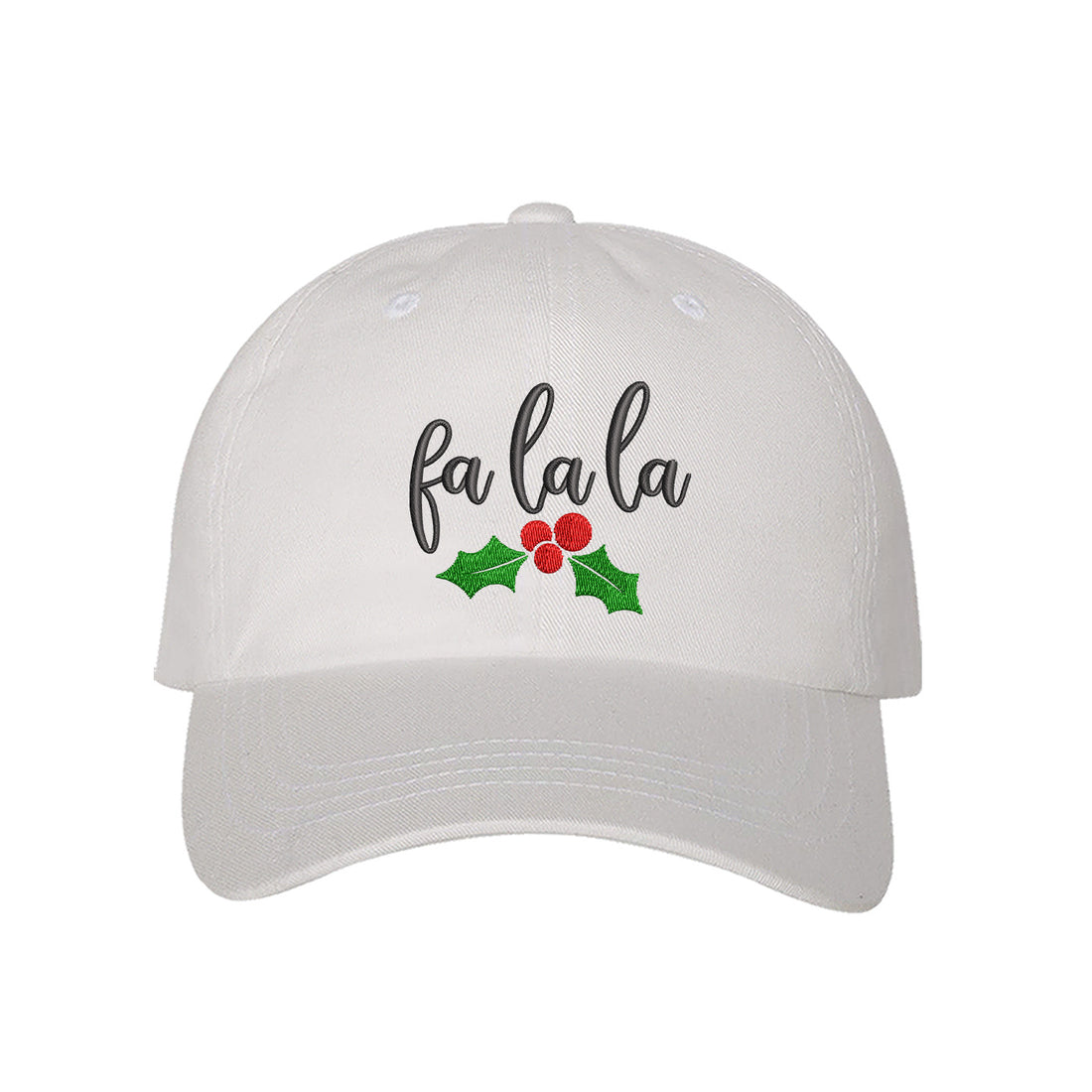 White Fa La La Christmas Mistletoe Embroidered Baseball Hat featuring festive holiday embroidery with mistletoe design and adjustable hook and loop fit. – DSY Lifestyle