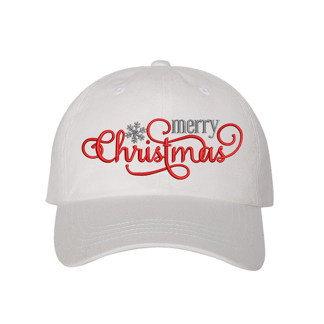White Merry Christmas Snowflake Embroidered Baseball Hat featuring festive red and white embroidery, curved brim, and adjustable hook and loop closure for holiday style. - DSY Lifestyle