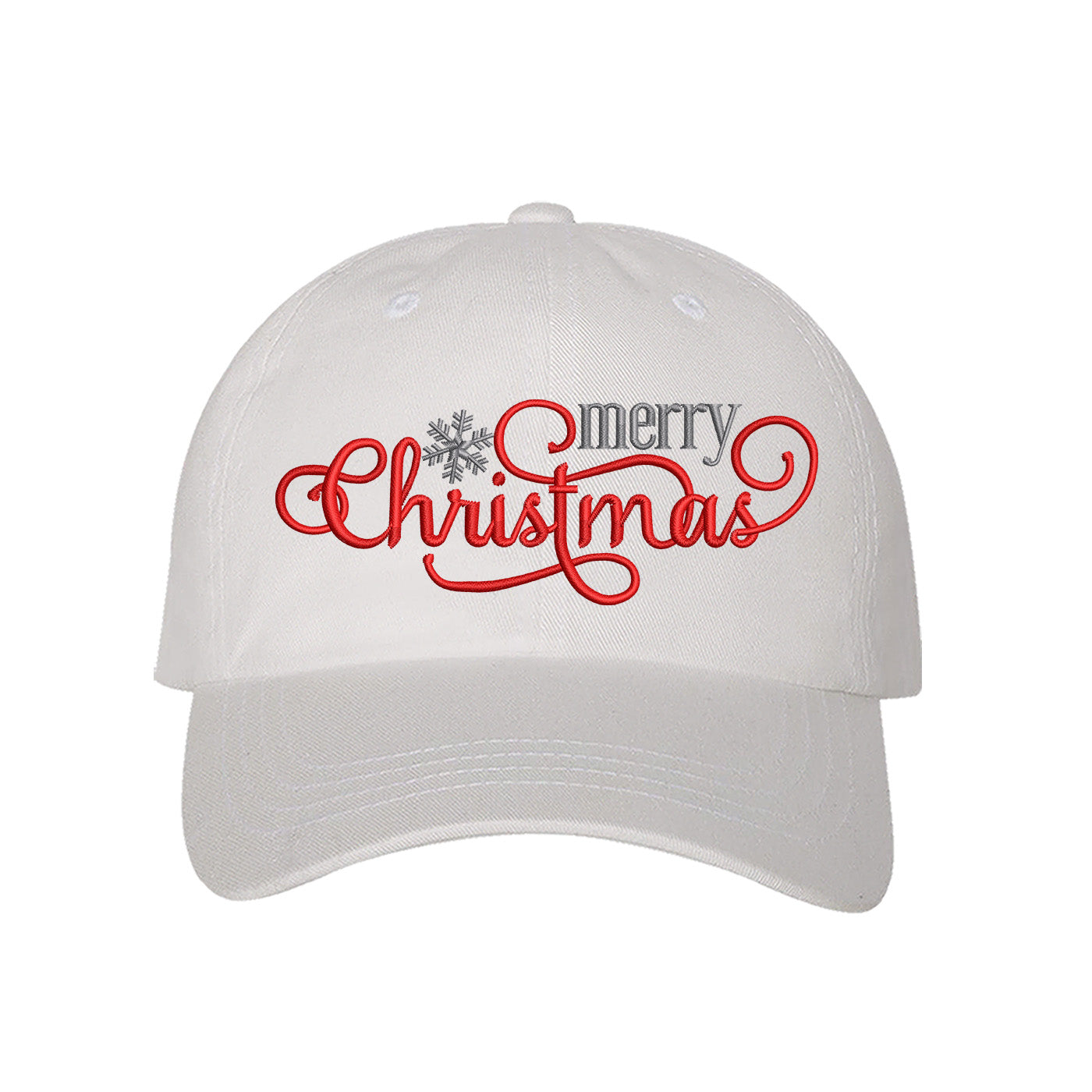 White Merry Christmas Snowflake Embroidered Baseball Hat featuring festive red and white embroidery, curved brim, and adjustable hook and loop closure for holiday style. - DSY Lifestyle