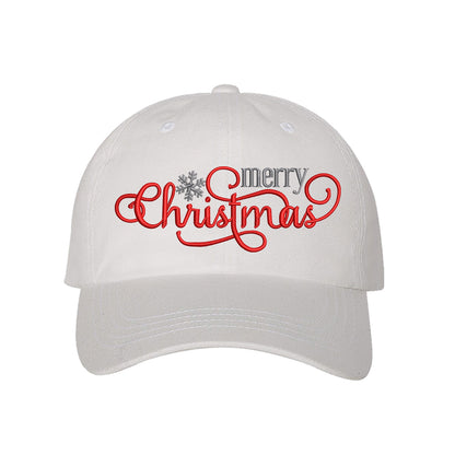 White Merry Christmas Snowflake Embroidered Baseball Hat featuring festive red and white embroidery, curved brim, and adjustable hook and loop closure for holiday style. - DSY Lifestyle