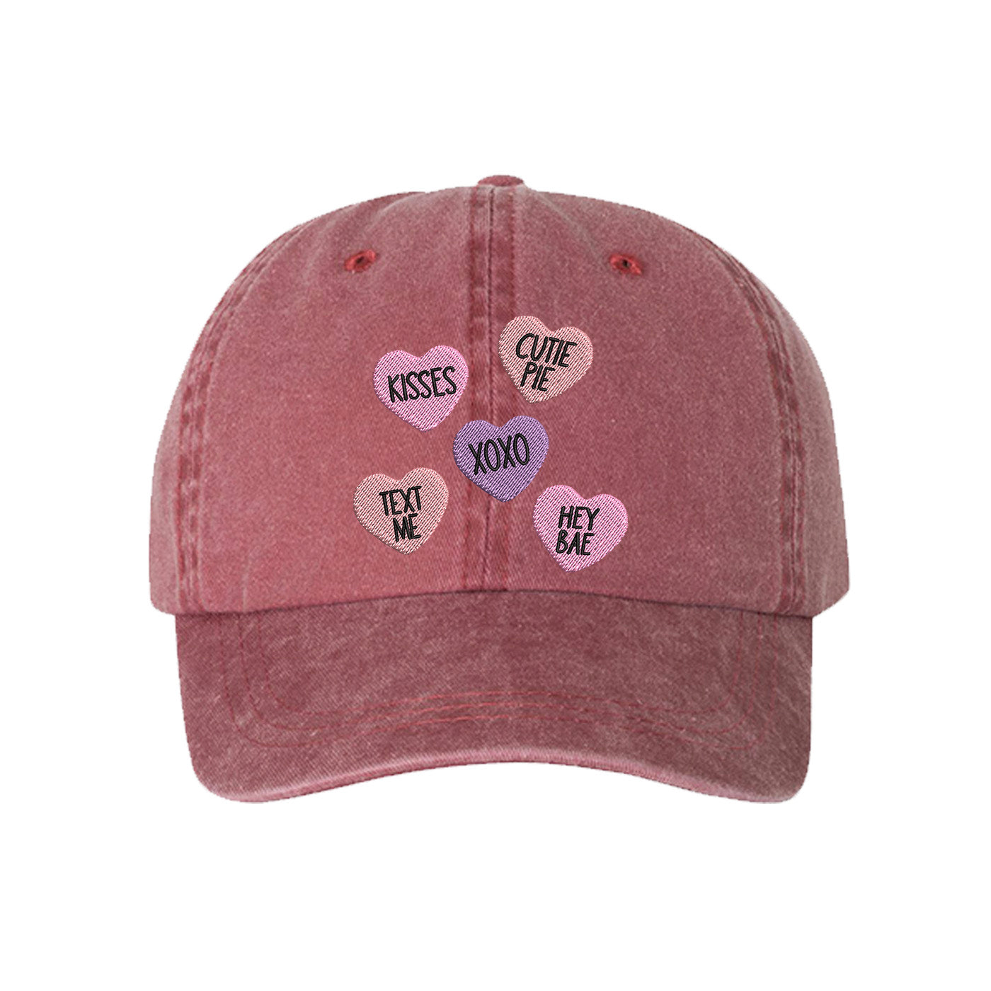 Wine Candy Hearts Washed Baseball Hat featuring colorful pastel conversation heart embroidery on a vintage washed dad cap by DSY Lifestyle.