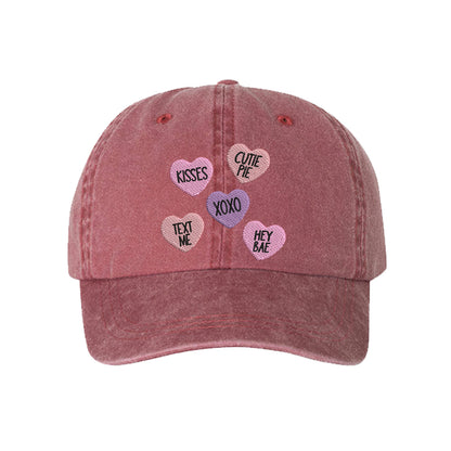 Wine Candy Hearts Washed Baseball Hat featuring colorful pastel conversation heart embroidery on a vintage washed dad cap by DSY Lifestyle.