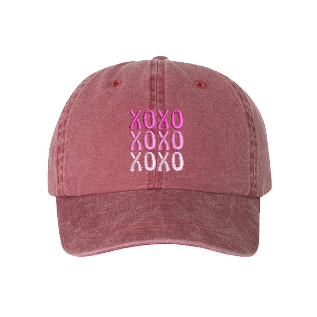 Wine XOXO Washed Baseball Hat featuring white "XOXO" embroidery on a vintage-washed charcoal dad cap by DSY Lifestyle.