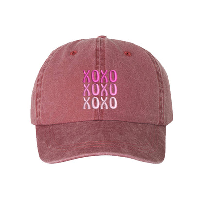 Wine XOXO Washed Baseball Hat featuring white "XOXO" embroidery on a vintage-washed charcoal dad cap by DSY Lifestyle.