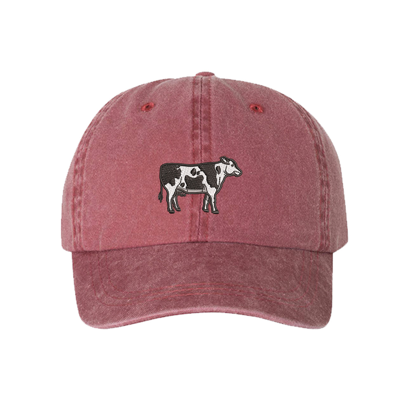 Wine Holstein Cow Washed Baseball Hat featuring a detailed black and white Holstein cow embroidered on a premium washed cotton crown; a heritage-inspired farm life piece by DSY Lifestyle.