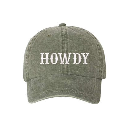Washed olive baseball hat with the word howdy embroidered on it-DSY Lifestyle