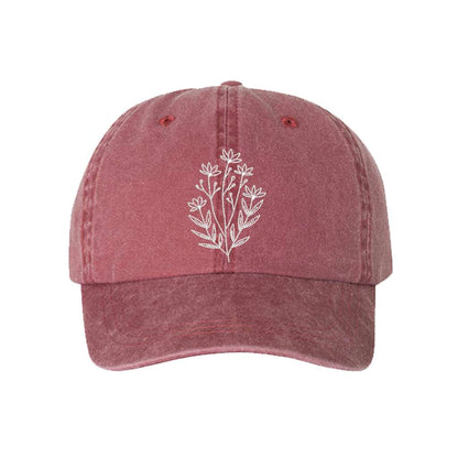 Washed wine baseball hat embroidered with a wildflower on it- DSY Lifestyle