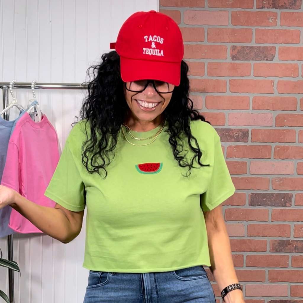 Female wearing a kiwi green crop top embroidered with a watermelon - DSY Lifestyle