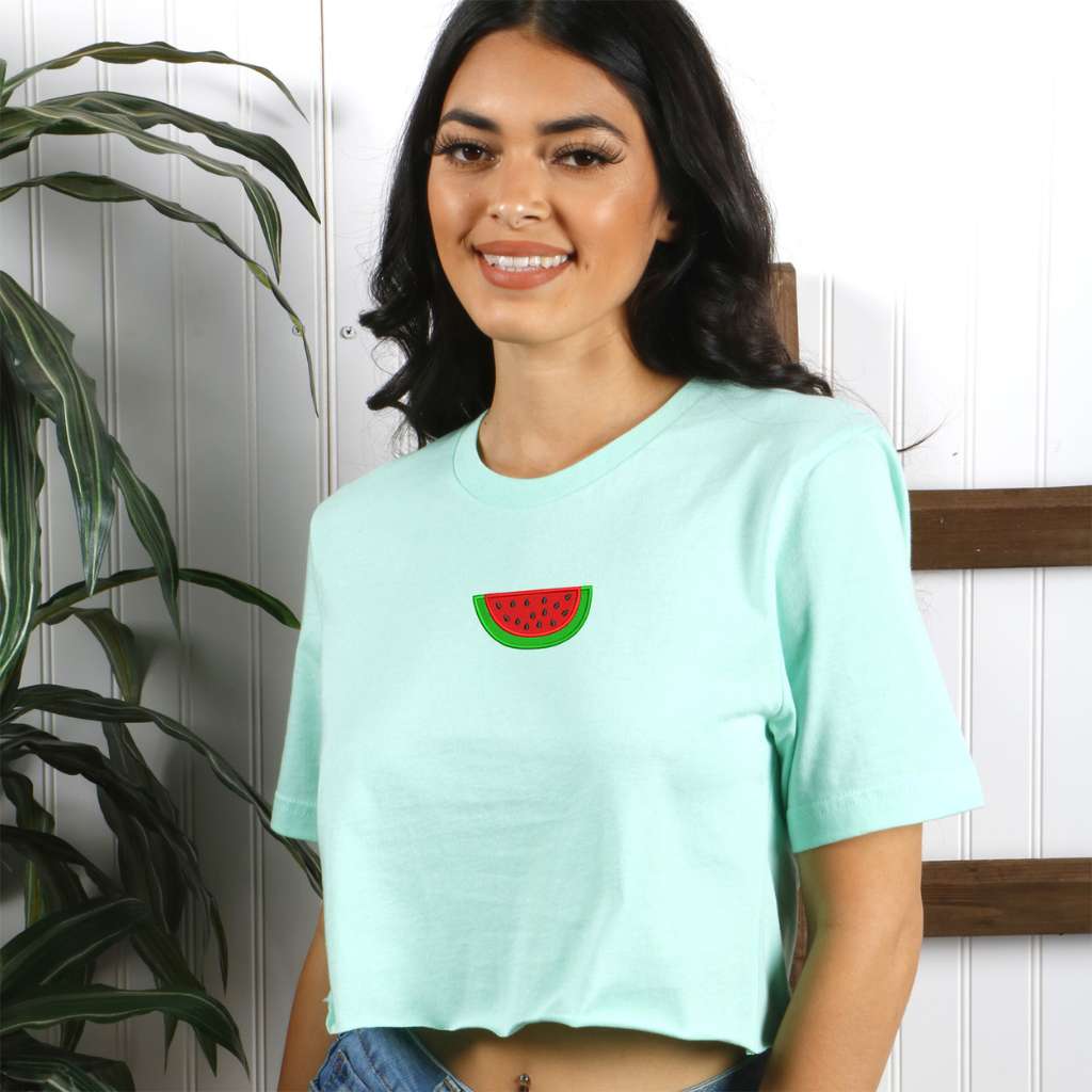 Female wearing a mint crop top embroidered with a watermelon - DSY Lifestyle