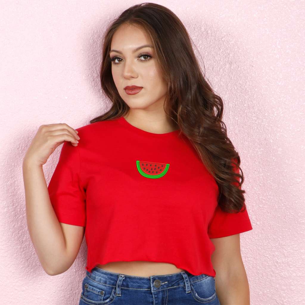 Female wearing a red crop top embroidered with a watermelon - DSY Lifestyle