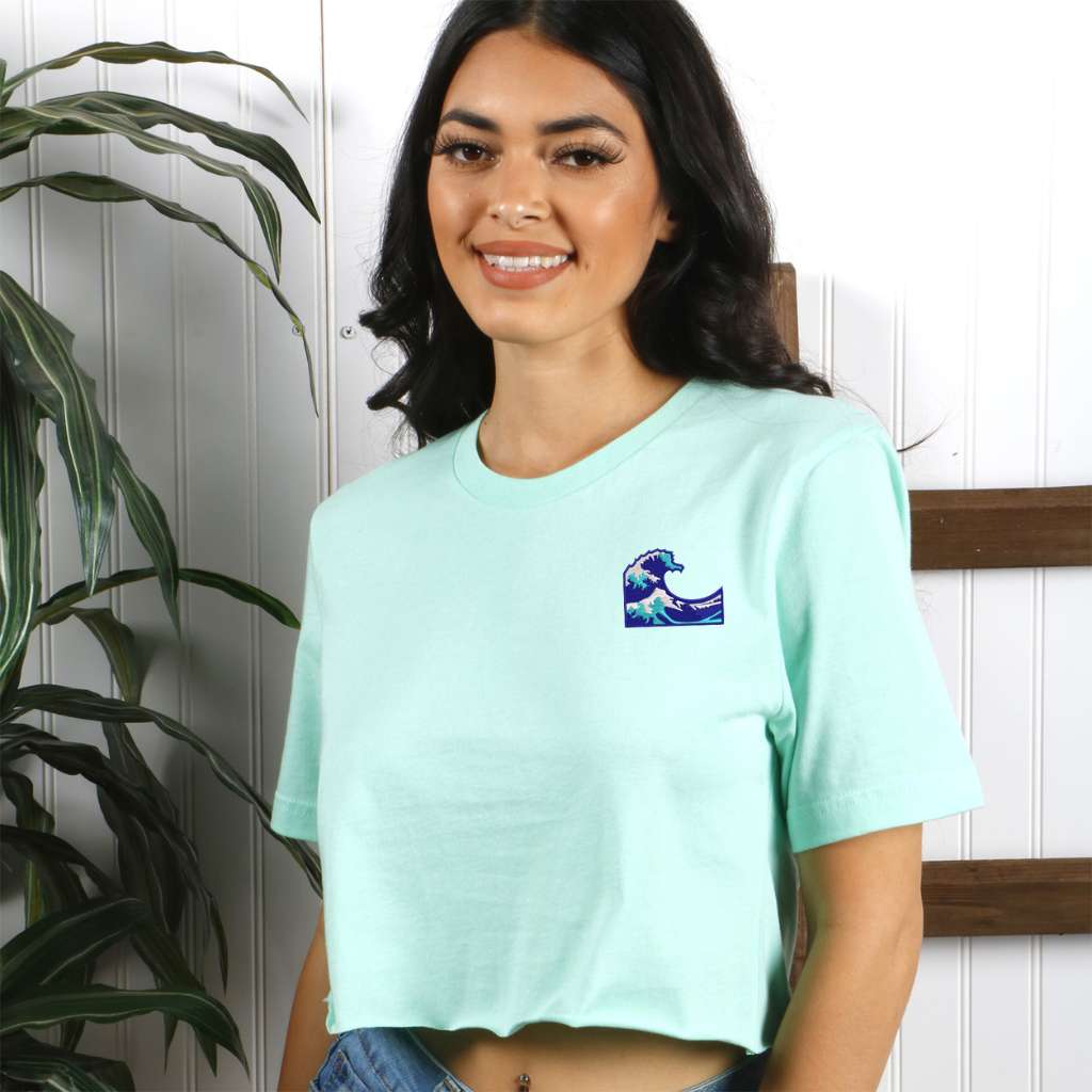 Female wearing a Mint crop top embroidered with a Wave - DSY Lifestyle